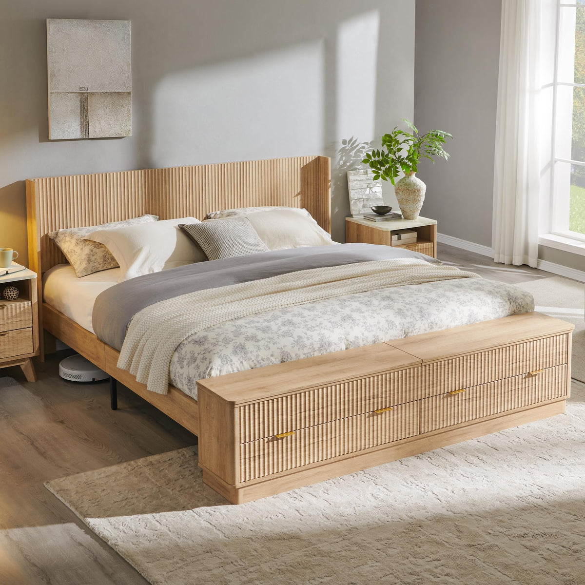 Fluted Platform Bed – Wingback Headboard & Storage
