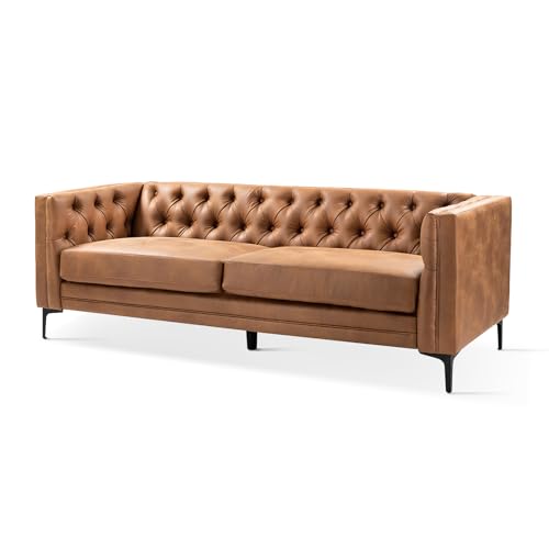 HULALA HOME 84" W Faux Leather Sofa Couch with Metal Legs, Button-Tufted 3-Seater Sofa, Mid Century Modern Contemporary Upholstered Couch for Living Room, Entertainment Area, Apartment