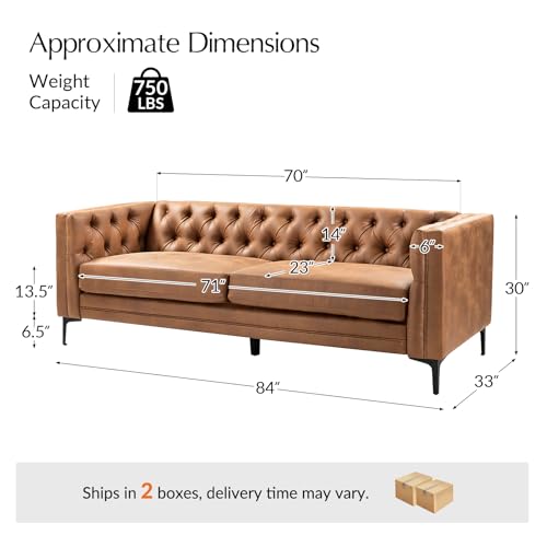 HULALA HOME 84" W Faux Leather Sofa Couch with Metal Legs, Button-Tufted 3-Seater Sofa, Mid Century Modern Contemporary Upholstered Couch for Living Room, Entertainment Area, Apartment