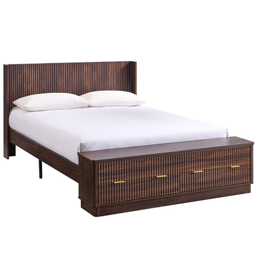 Fluted Platform Bed – Wingback Headboard & Storage