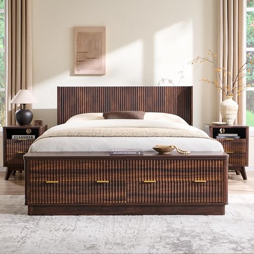 Fluted Platform Bed – Wingback Headboard & Storage