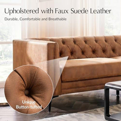HULALA HOME 84" W Faux Leather Sofa Couch with Metal Legs, Button-Tufted 3-Seater Sofa, Mid Century Modern Contemporary Upholstered Couch for Living Room, Entertainment Area, Apartment