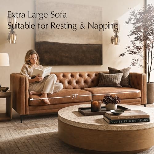 HULALA HOME 84" W Faux Leather Sofa Couch with Metal Legs, Button-Tufted 3-Seater Sofa, Mid Century Modern Contemporary Upholstered Couch for Living Room, Entertainment Area, Apartment