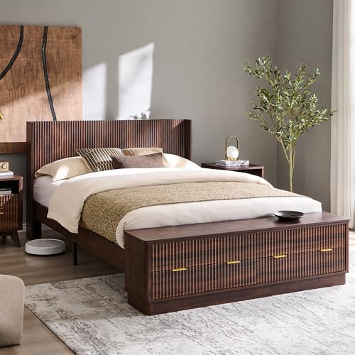 Fluted Platform Bed – Wingback Headboard & Storage