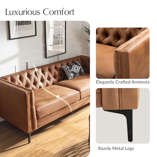 HULALA HOME 84" W Faux Leather Sofa Couch with Metal Legs, Button-Tufted 3-Seater Sofa, Mid Century Modern Contemporary Upholstered Couch for Living Room, Entertainment Area, Apartment