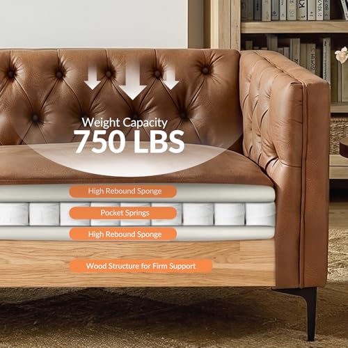 HULALA HOME 84" W Faux Leather Sofa Couch with Metal Legs, Button-Tufted 3-Seater Sofa, Mid Century Modern Contemporary Upholstered Couch for Living Room, Entertainment Area, Apartment