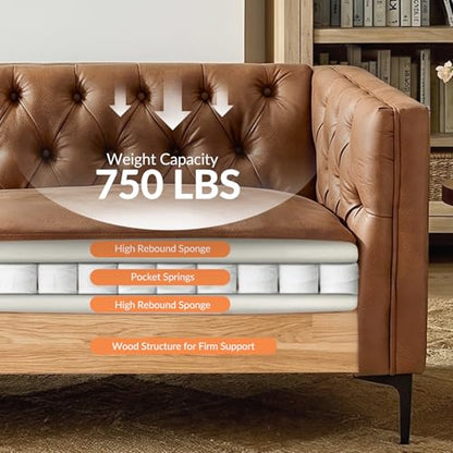 HULALA HOME 84" W Faux Leather Sofa Couch with Metal Legs, Button-Tufted 3-Seater Sofa, Mid Century Modern Contemporary Upholstered Couch for Living Room, Entertainment Area, Apartment