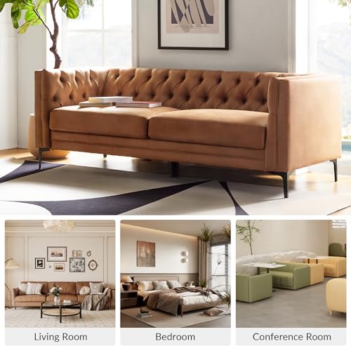 HULALA HOME 84" W Faux Leather Sofa Couch with Metal Legs, Button-Tufted 3-Seater Sofa, Mid Century Modern Contemporary Upholstered Couch for Living Room, Entertainment Area, Apartment