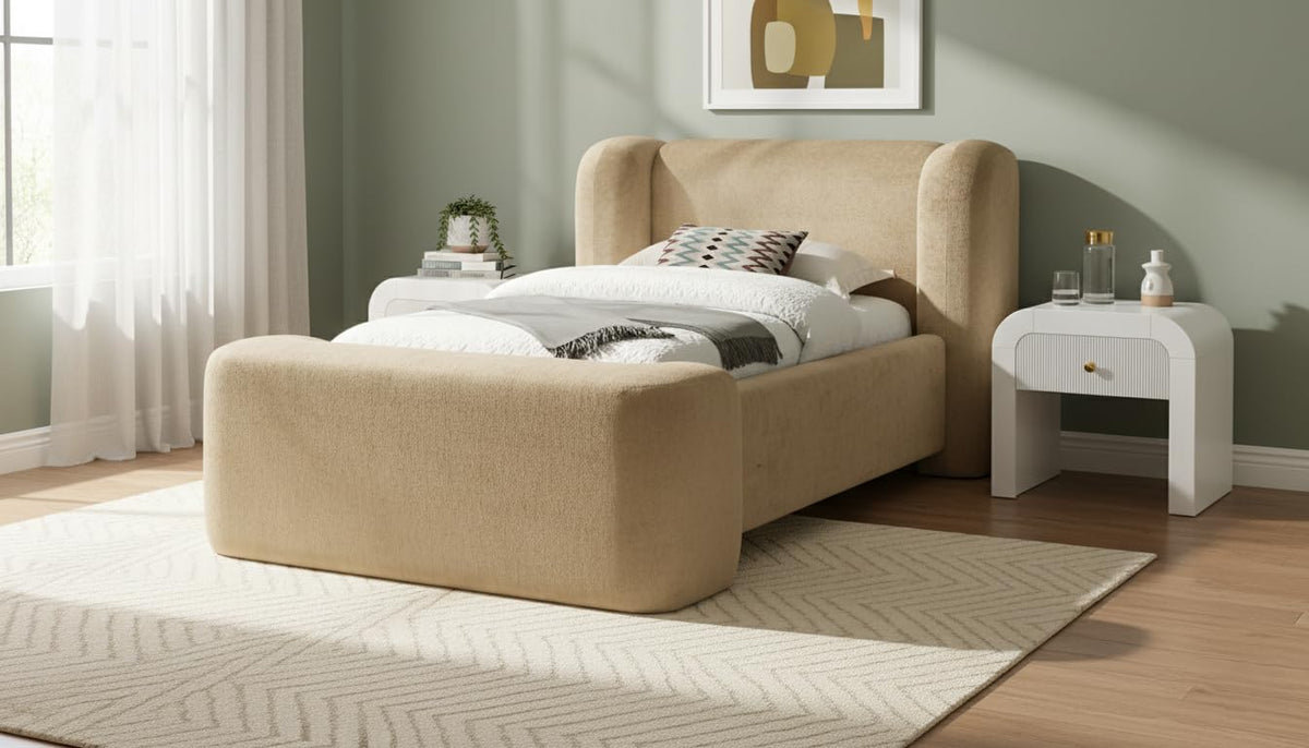 Beige Chenille Full Bed – Modern Upholstered Frame