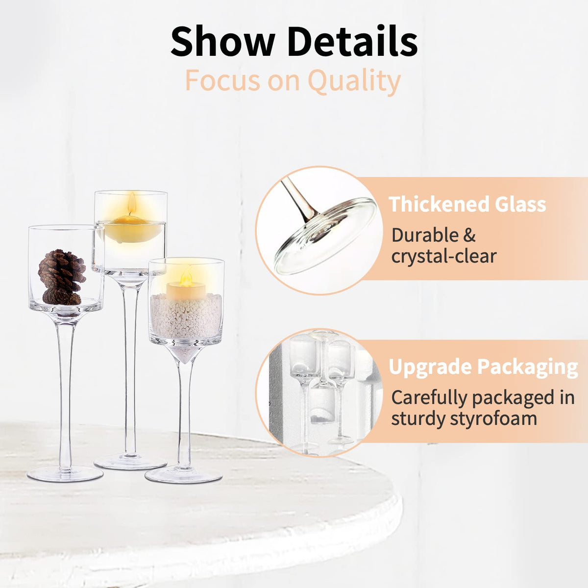 Glass Tealight Candle Holders – Tall Set of 3