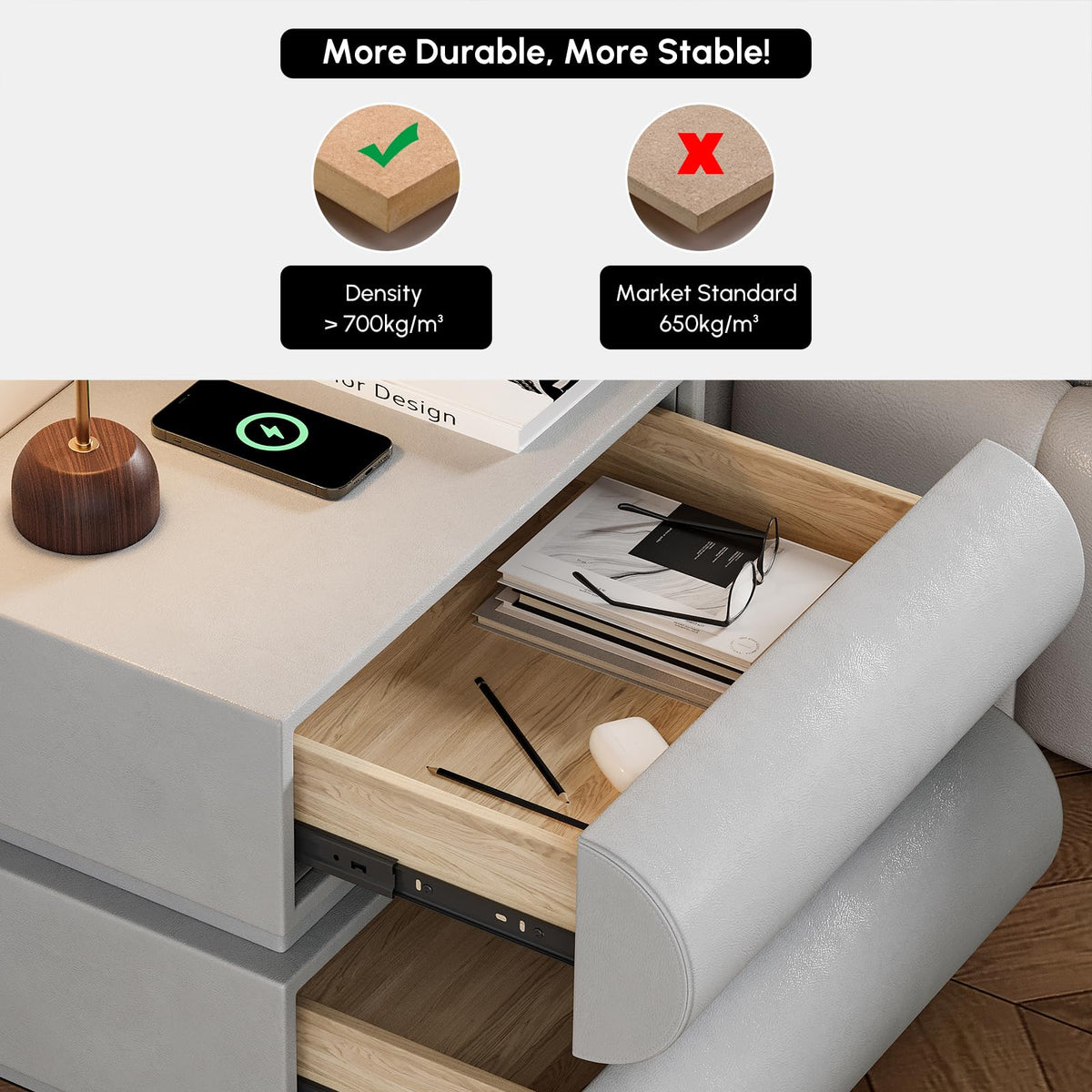 Modern Nightstand – Gold Tile Finish with 2 Drawers