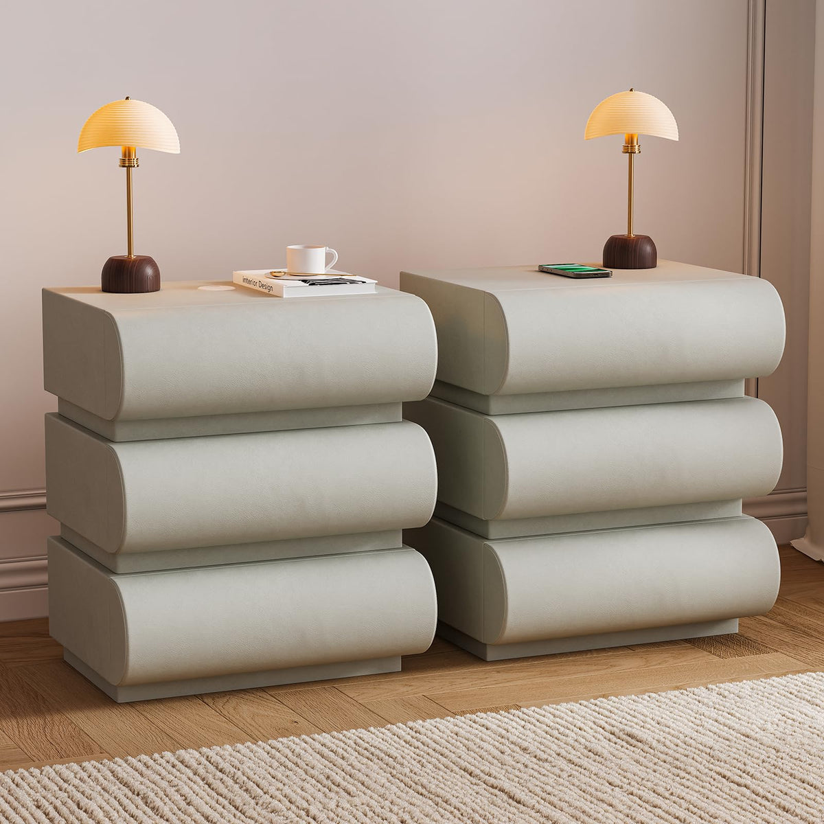 Modern Nightstand – Gold Tile Finish with 2 Drawers
