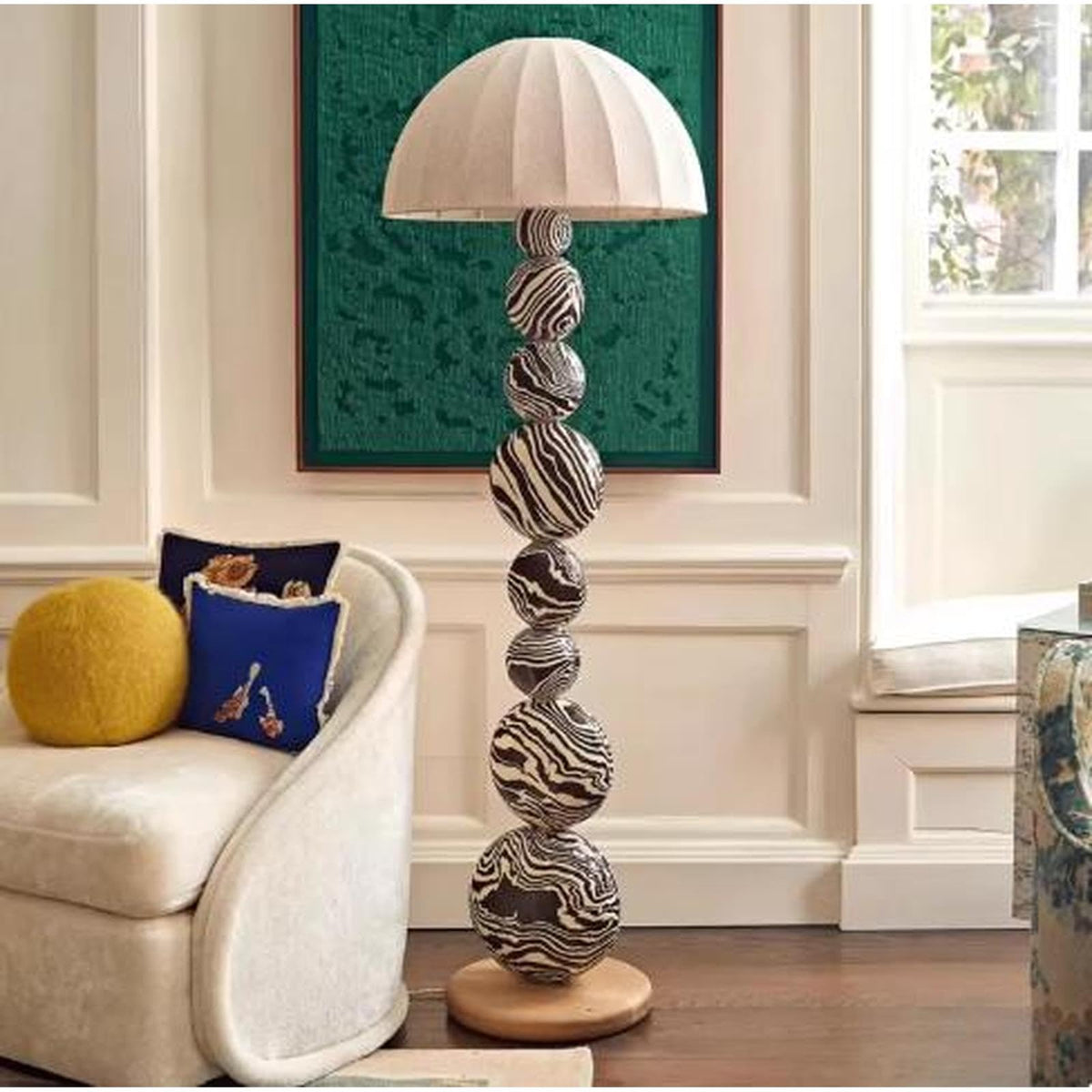Zebra Pattern Wood Floor Lamp with Linen Shade