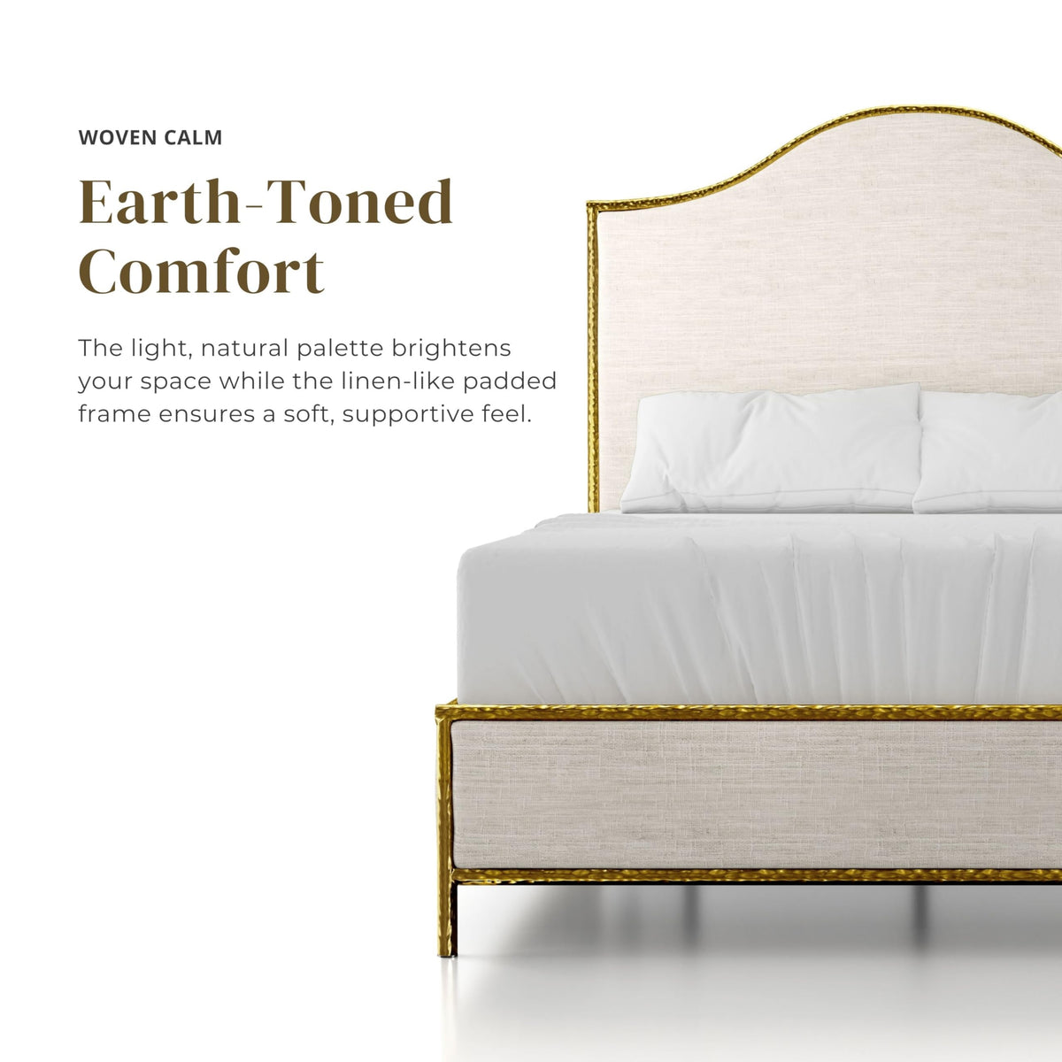 Metal Upholstered Bed – Tall Beige Linen Headboard