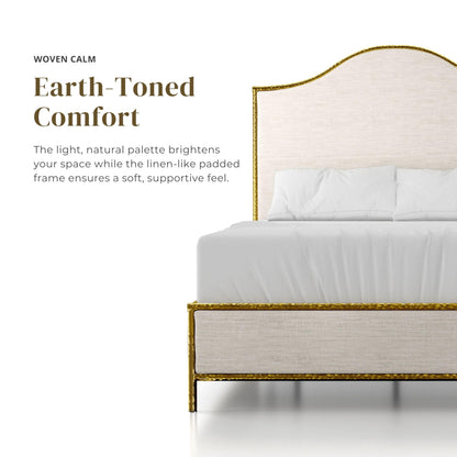 Metal Upholstered Bed – Tall Beige Linen Headboard