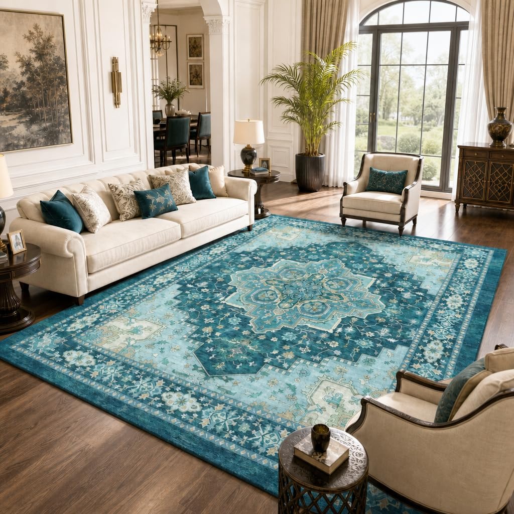 Washable Area Rug with Vintage Low Profile Design