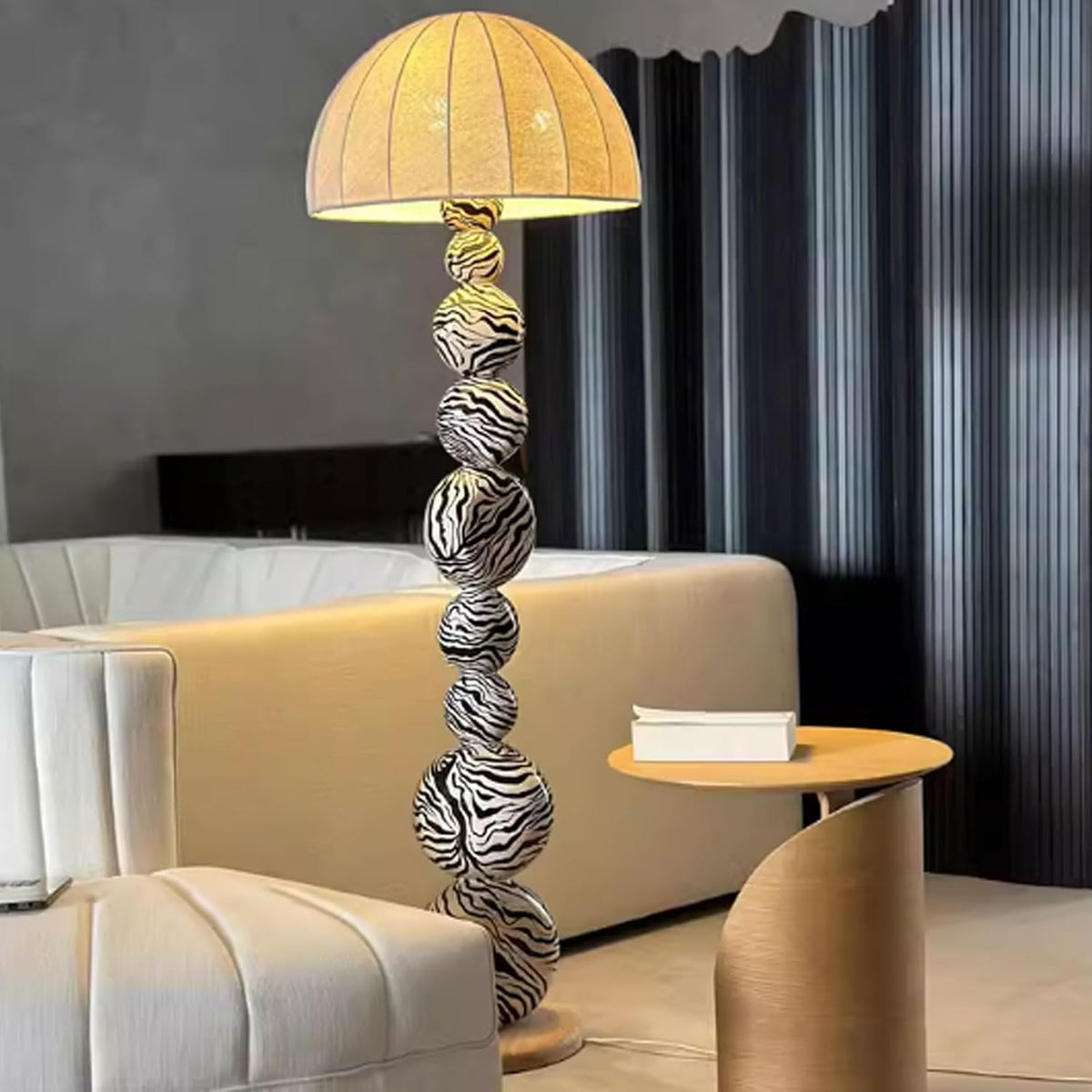 Zebra Pattern Wood Floor Lamp with Linen Shade