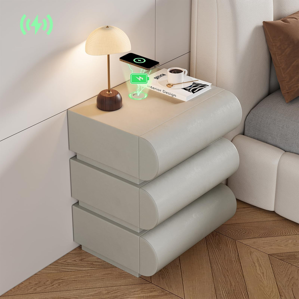 Modern Nightstand – Gold Tile Finish with 2 Drawers