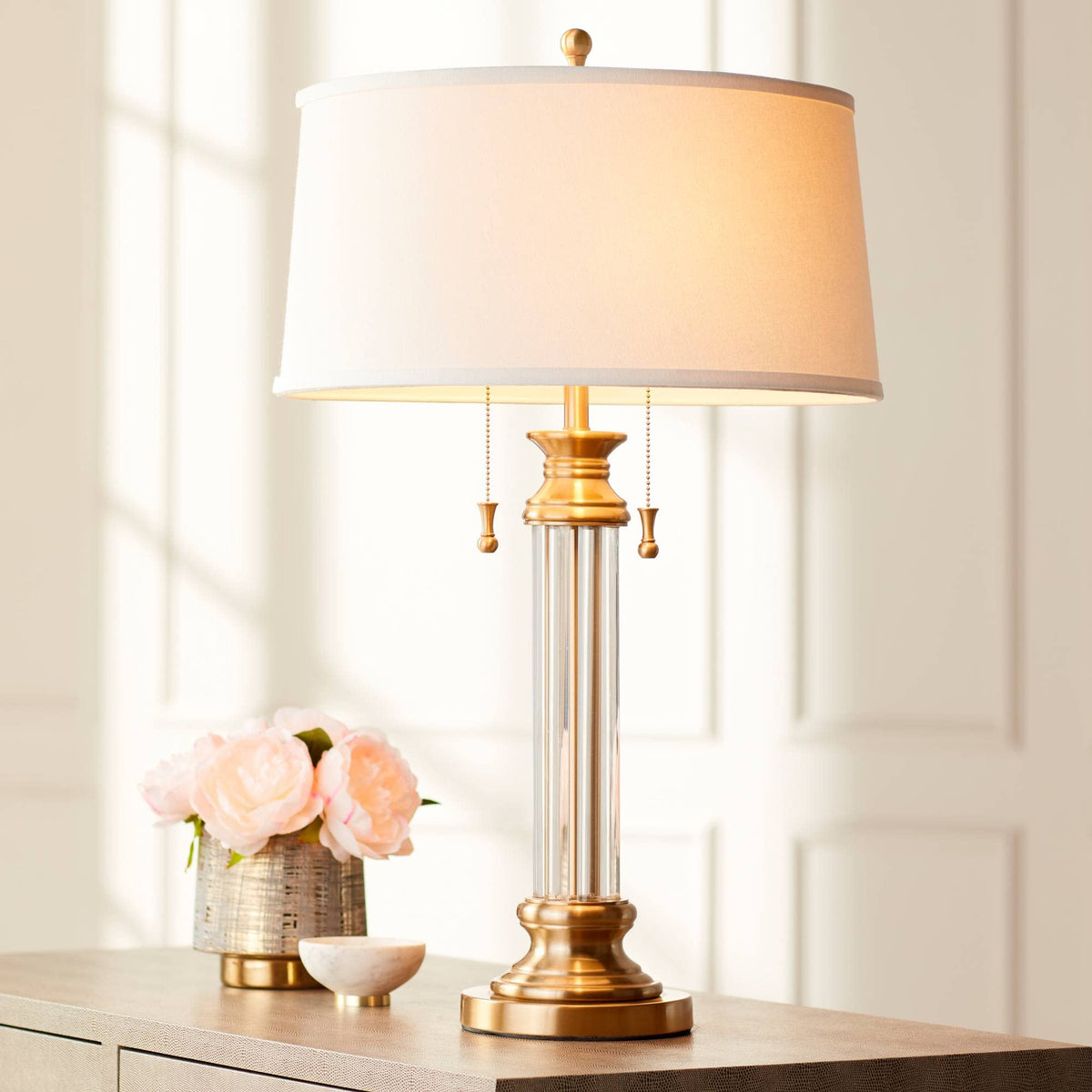 Rolland 30" Large Table Lamps Set of 2 Gold Brass Glass Antique