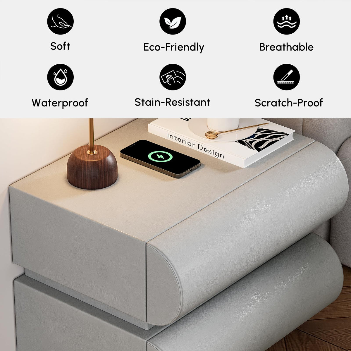 Modern Nightstand – Gold Tile Finish with 2 Drawers