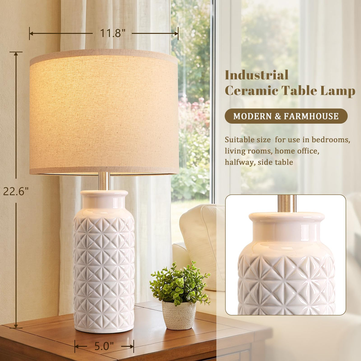 22 Inch White Ceramic Bedside Lamps Set of 2
