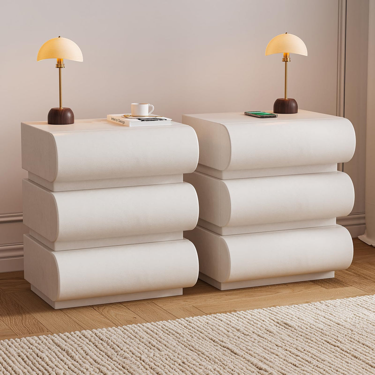 Modern Nightstand – Gold Tile Finish with 2 Drawers