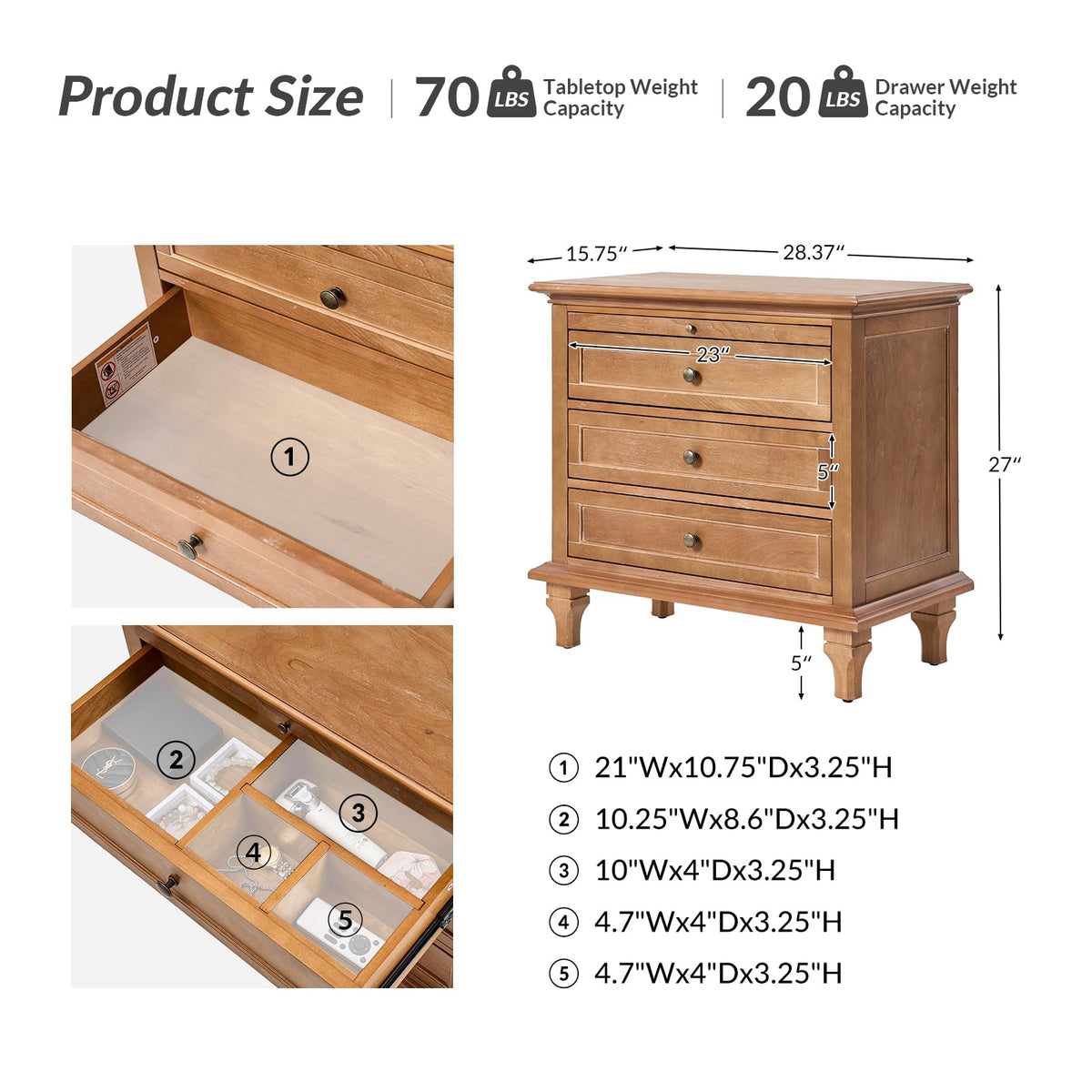Farmhouse End Table with 3 Drawers and Charging