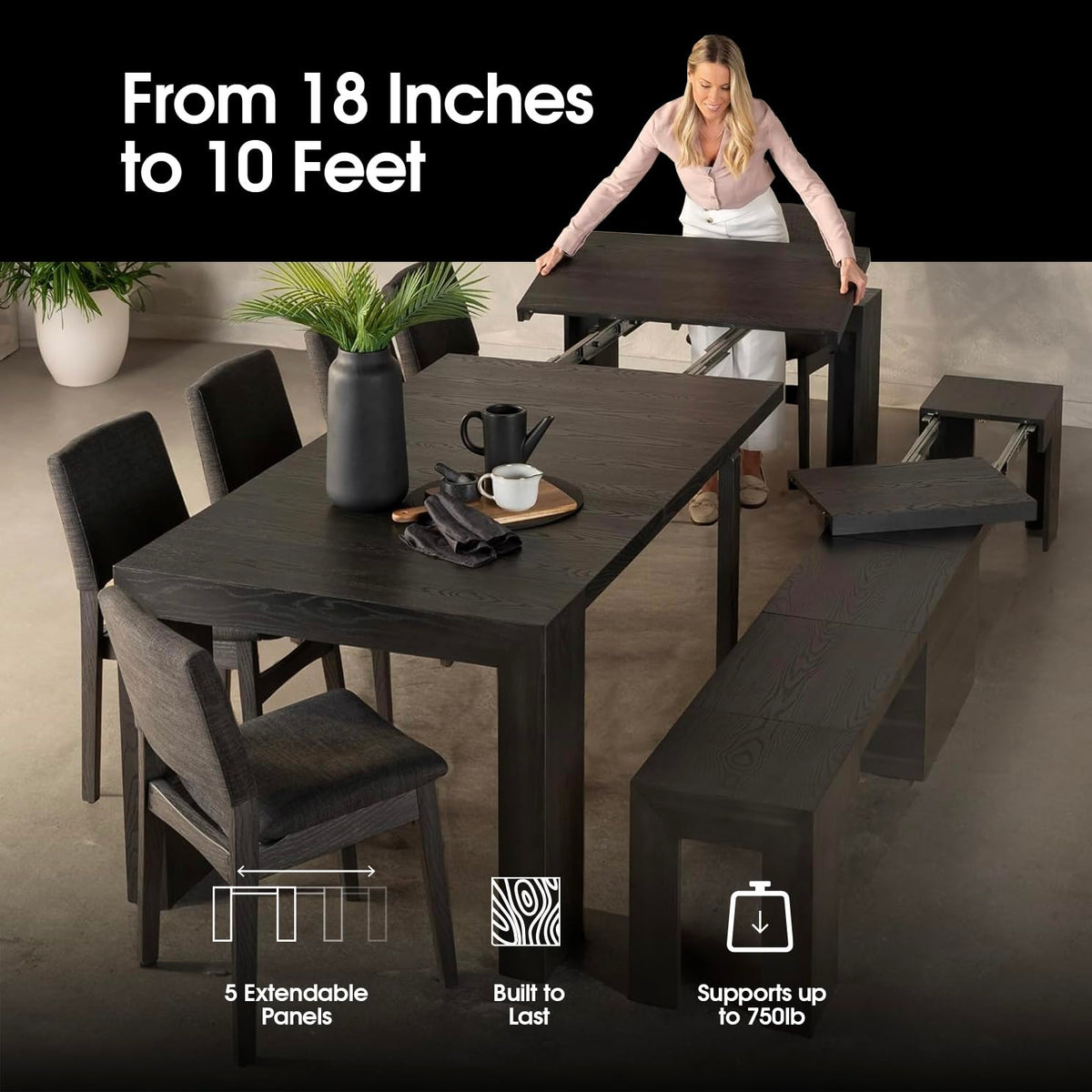 Solid Wood Extendable Dining Table for 2 to 12