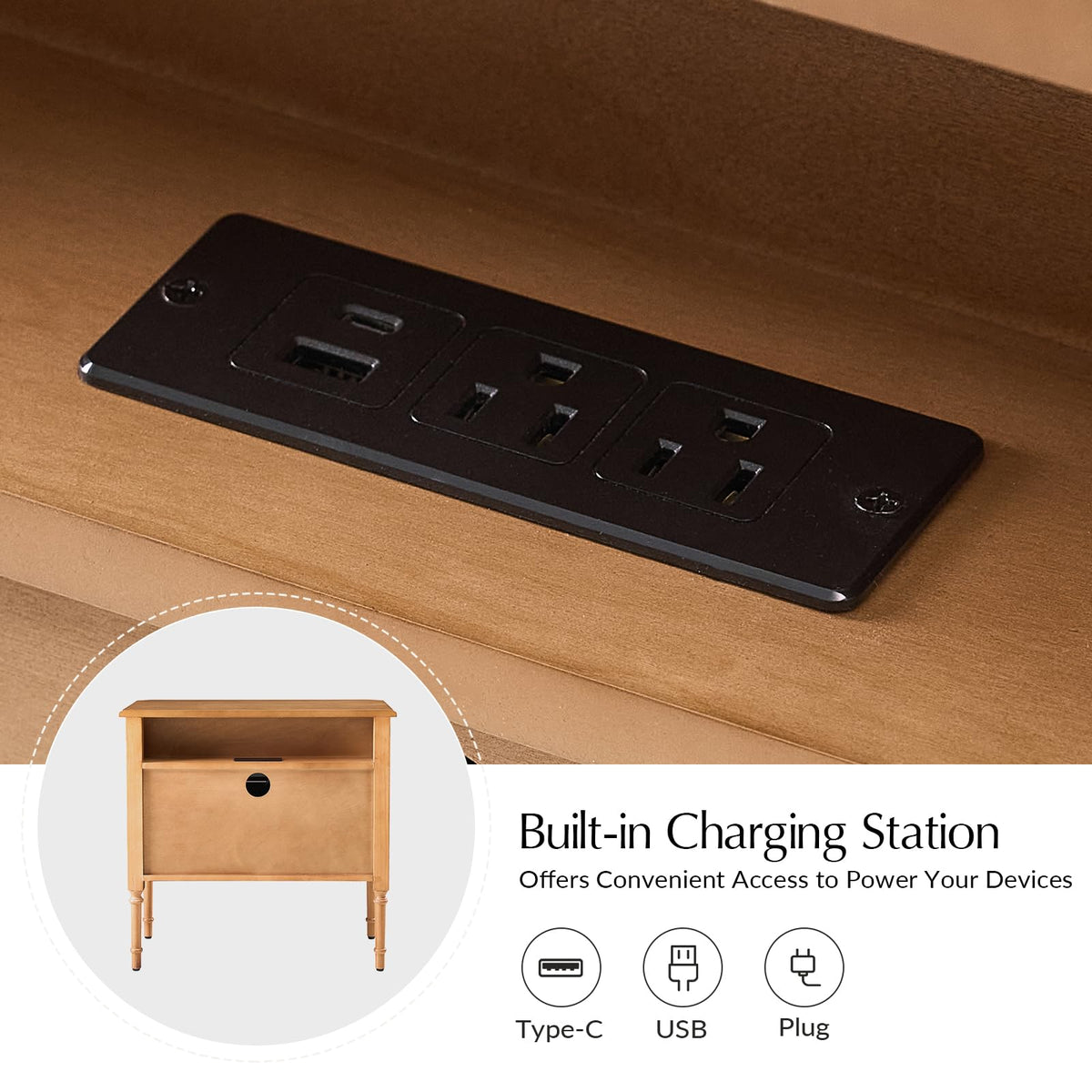 Solid Wood End Table with Charging Station
