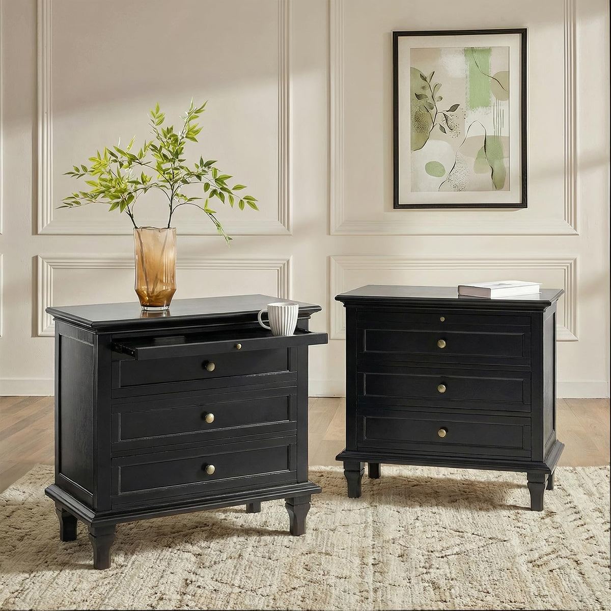 Farmhouse End Table with 3 Drawers and Charging
