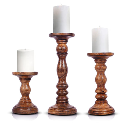 Mango Wood Pillar Candle Holders – Hand-Carved Set