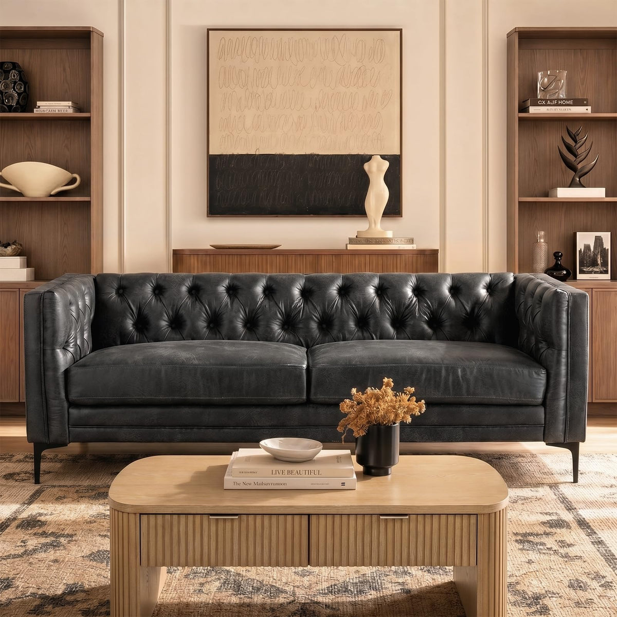 HULALA HOME 84" W Faux Leather Sofa Couch with Metal Legs, Button-Tufted 3-Seater Sofa, Mid Century Modern Contemporary Upholstered Couch for Living Room, Entertainment Area, Apartment