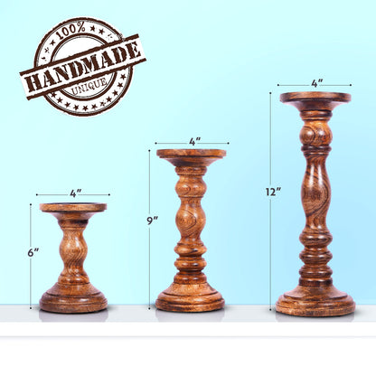 Mango Wood Pillar Candle Holders – Hand-Carved Set