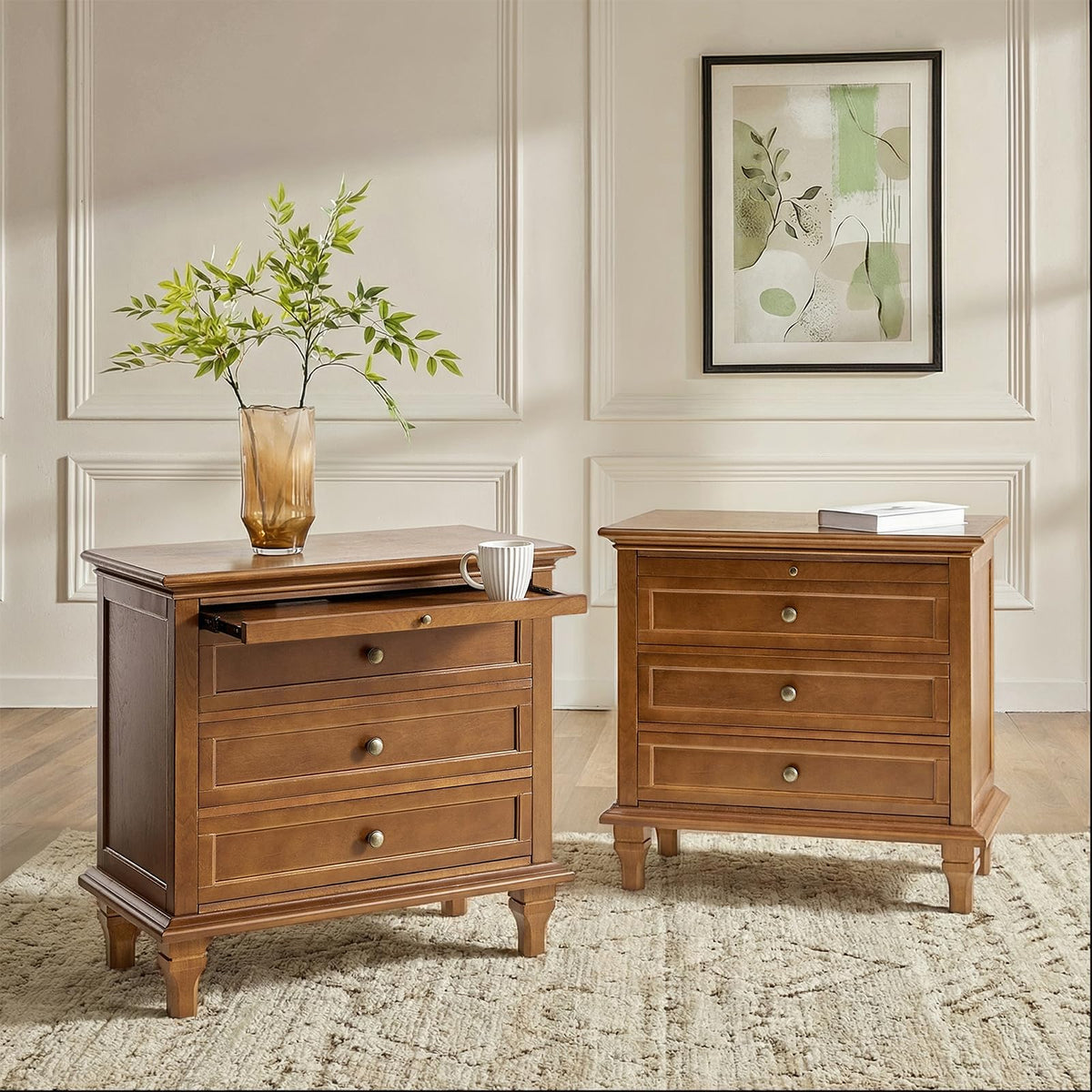 Farmhouse End Table with 3 Drawers and Charging