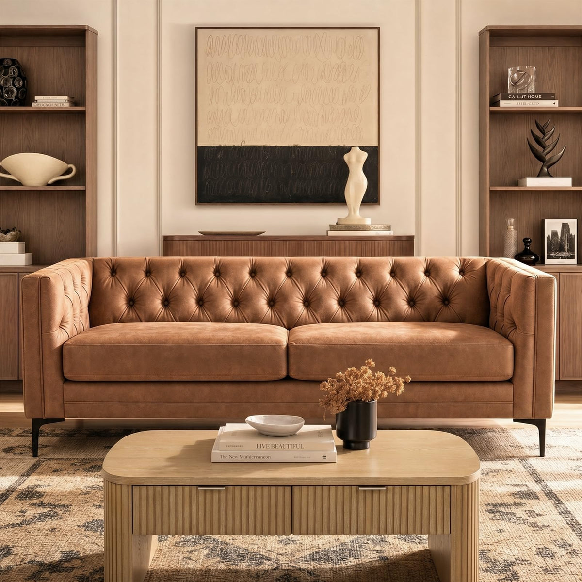 HULALA HOME 84" W Faux Leather Sofa Couch with Metal Legs, Button-Tufted 3-Seater Sofa, Mid Century Modern Contemporary Upholstered Couch for Living Room, Entertainment Area, Apartment