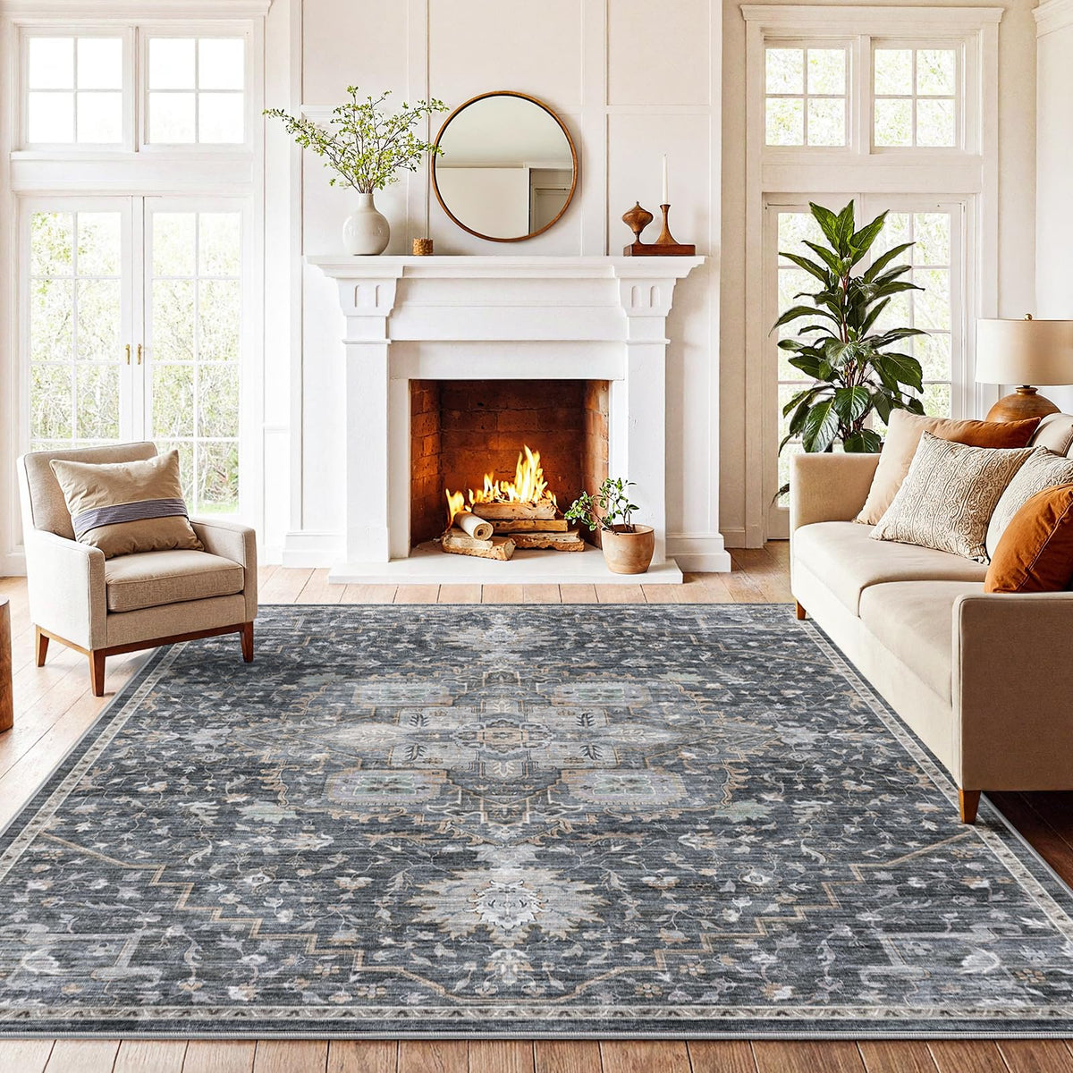 Washable Area Rug with Vintage Low Profile Design