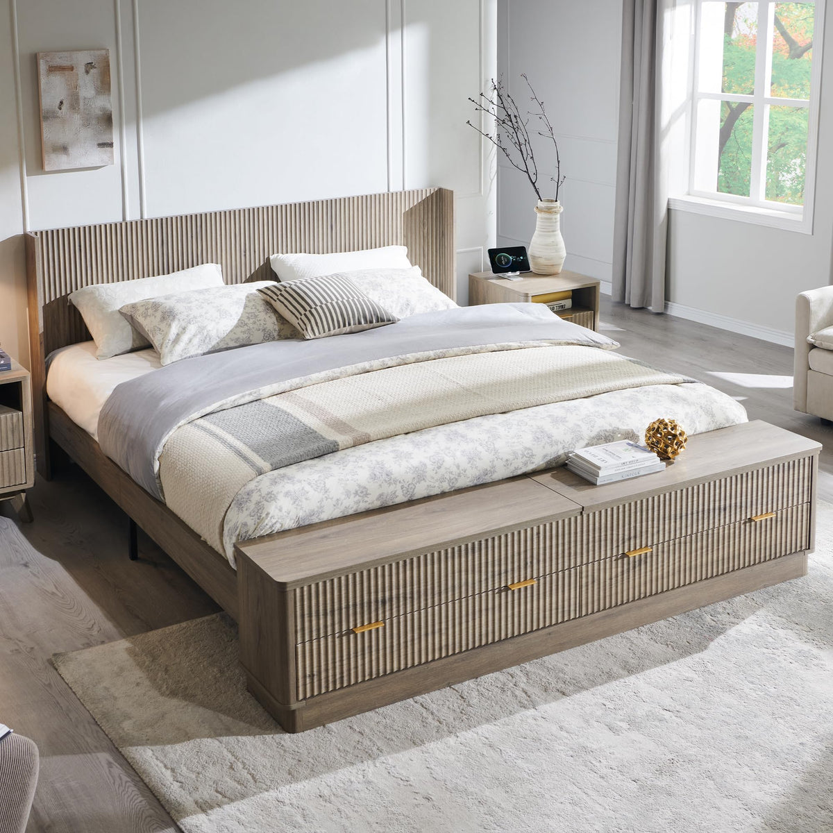 Fluted Platform Bed – Wingback Headboard & Storage
