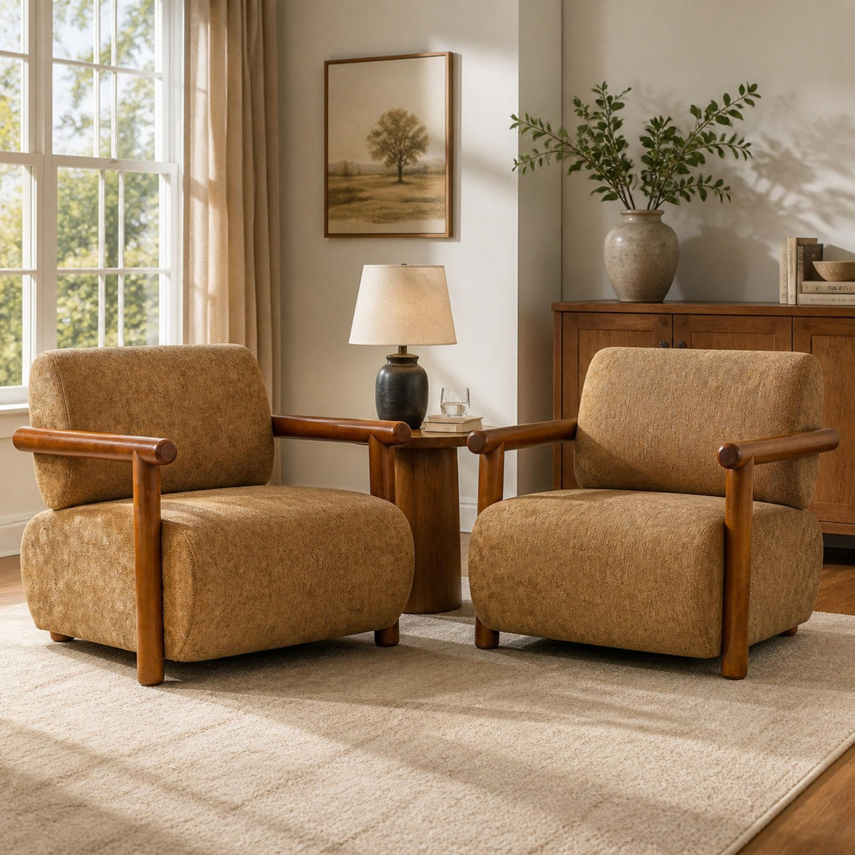 Chenille Accent Chair – Low-Profile Wood Frame