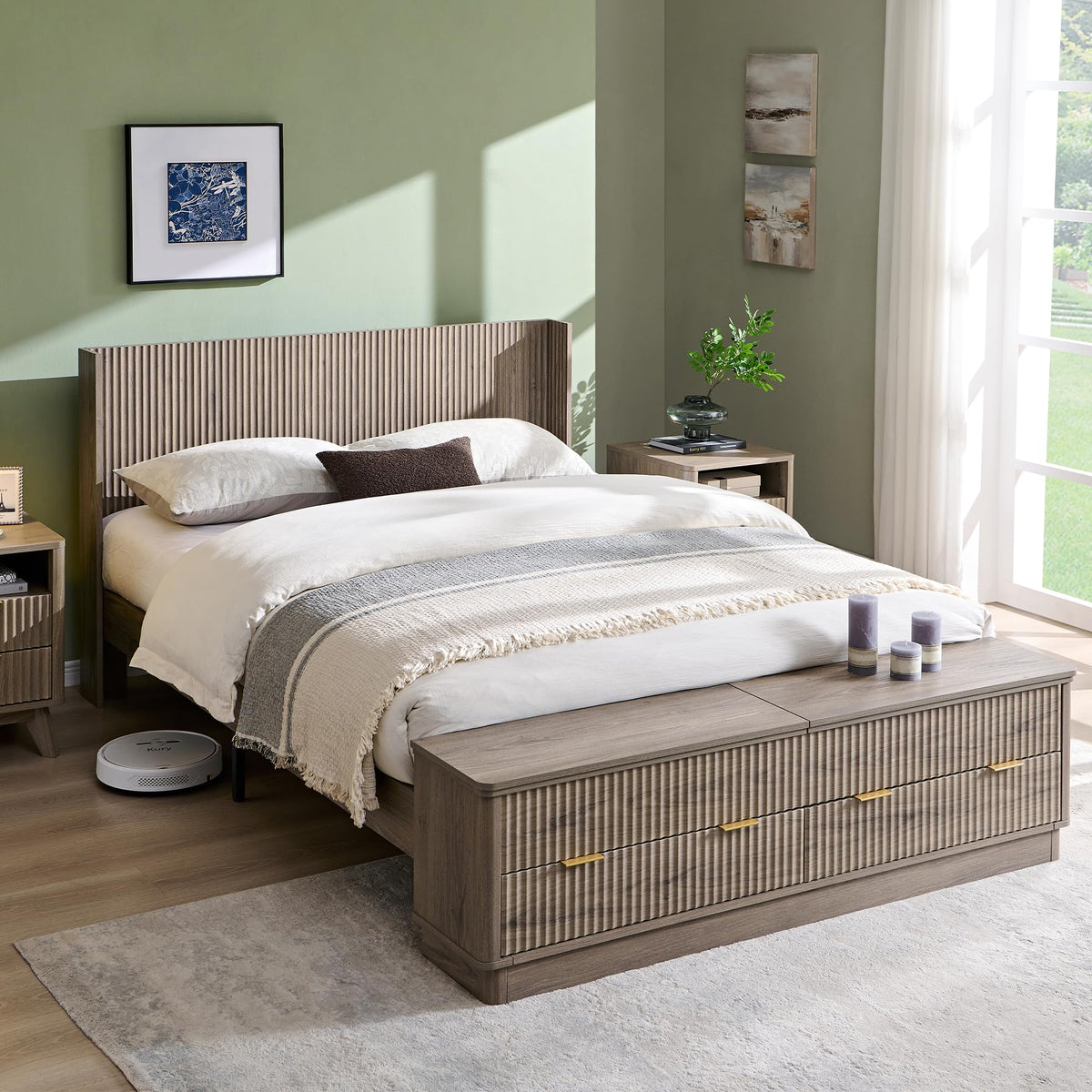 Fluted Platform Bed – Wingback Headboard & Storage