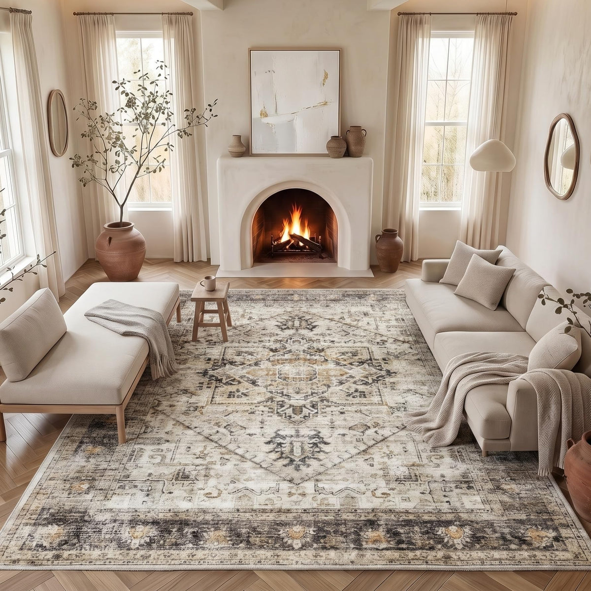Washable Area Rug with Vintage Low Profile Design