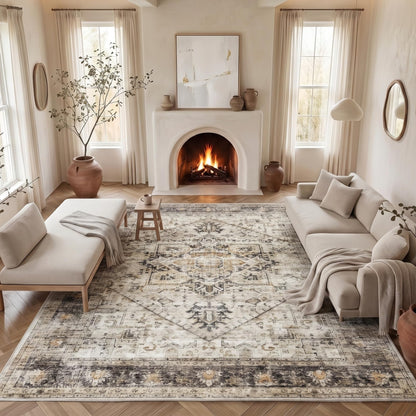 Washable Area Rug with Vintage Low Profile Design