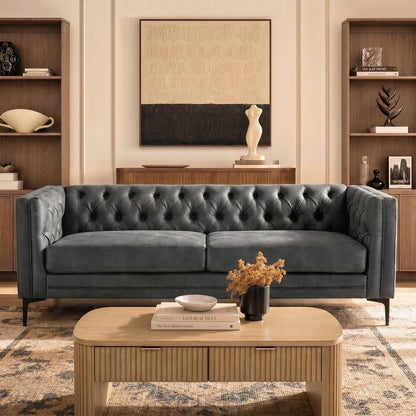 HULALA HOME 84" W Faux Leather Sofa Couch with Metal Legs, Button-Tufted 3-Seater Sofa, Mid Century Modern Contemporary Upholstered Couch for Living Room, Entertainment Area, Apartment