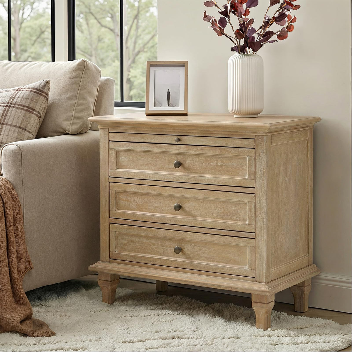 Farmhouse End Table with 3 Drawers and Charging