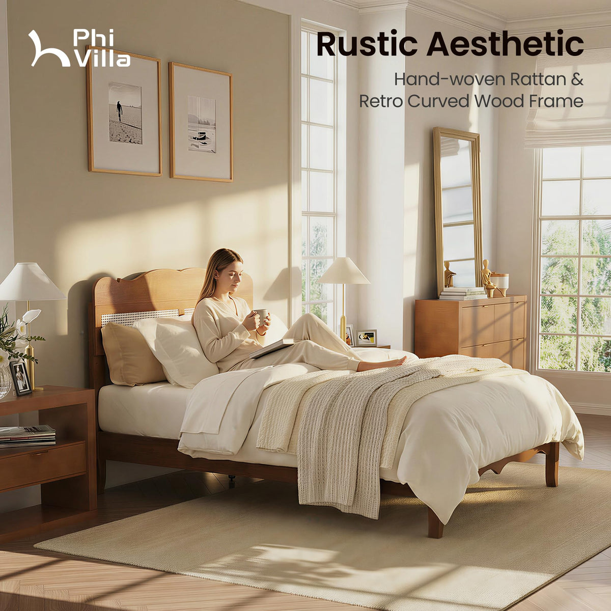 Wood Platform Bed – Rattan Headboard Design