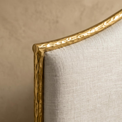Metal Upholstered Bed – Tall Beige Linen Headboard