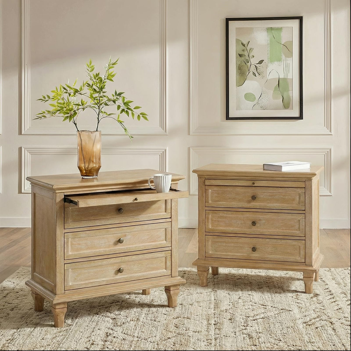 Farmhouse End Table with 3 Drawers and Charging