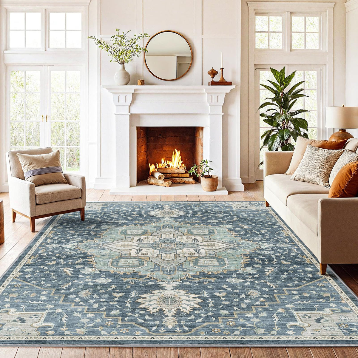 Washable Area Rug with Vintage Low Profile Design