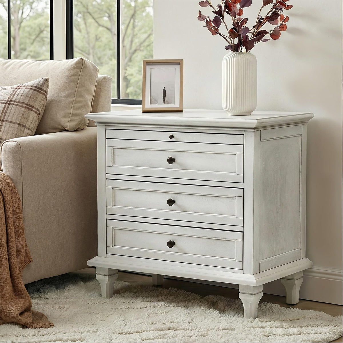 Farmhouse End Table with 3 Drawers and Charging