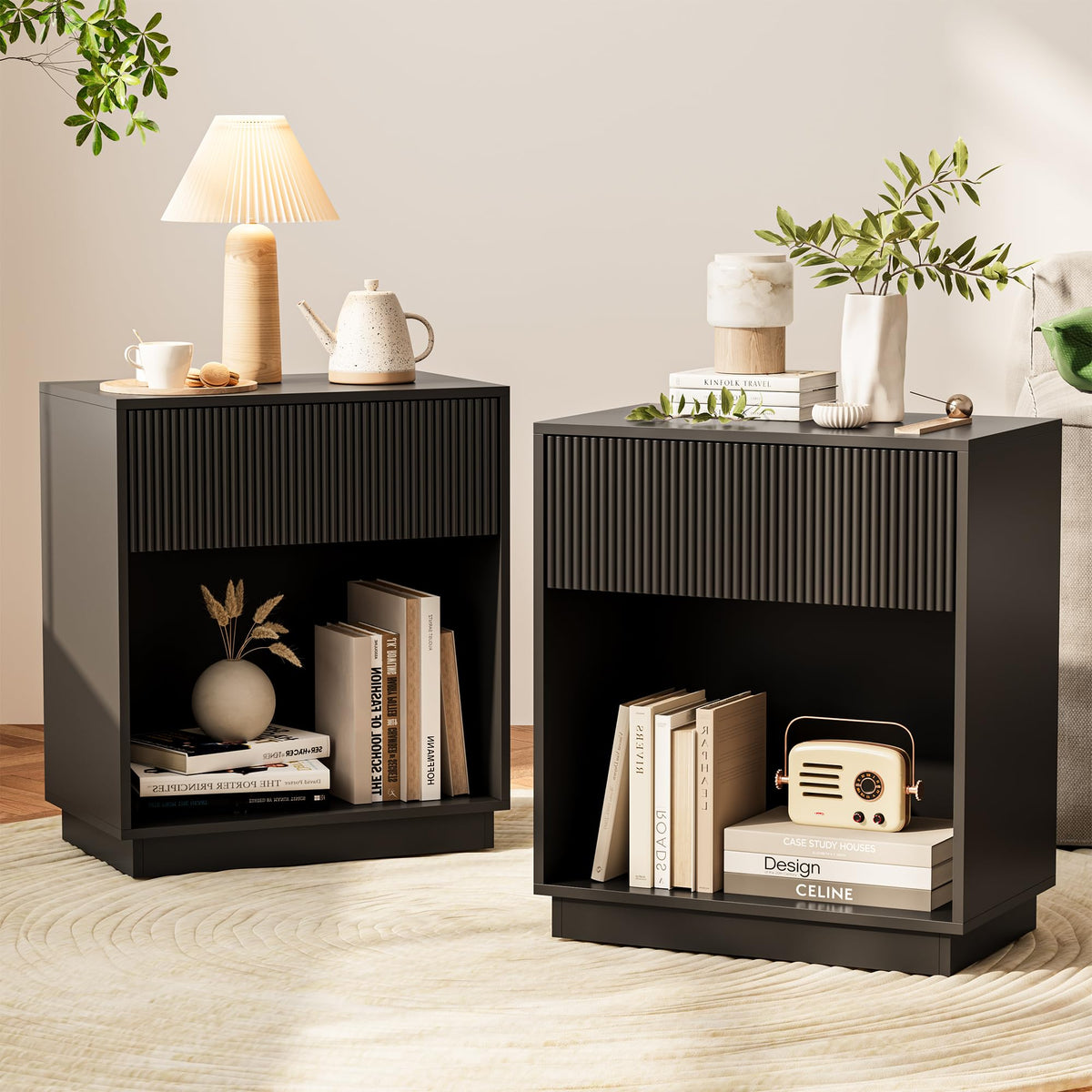 Fluted Nightstands – Modern Storage Set of 2