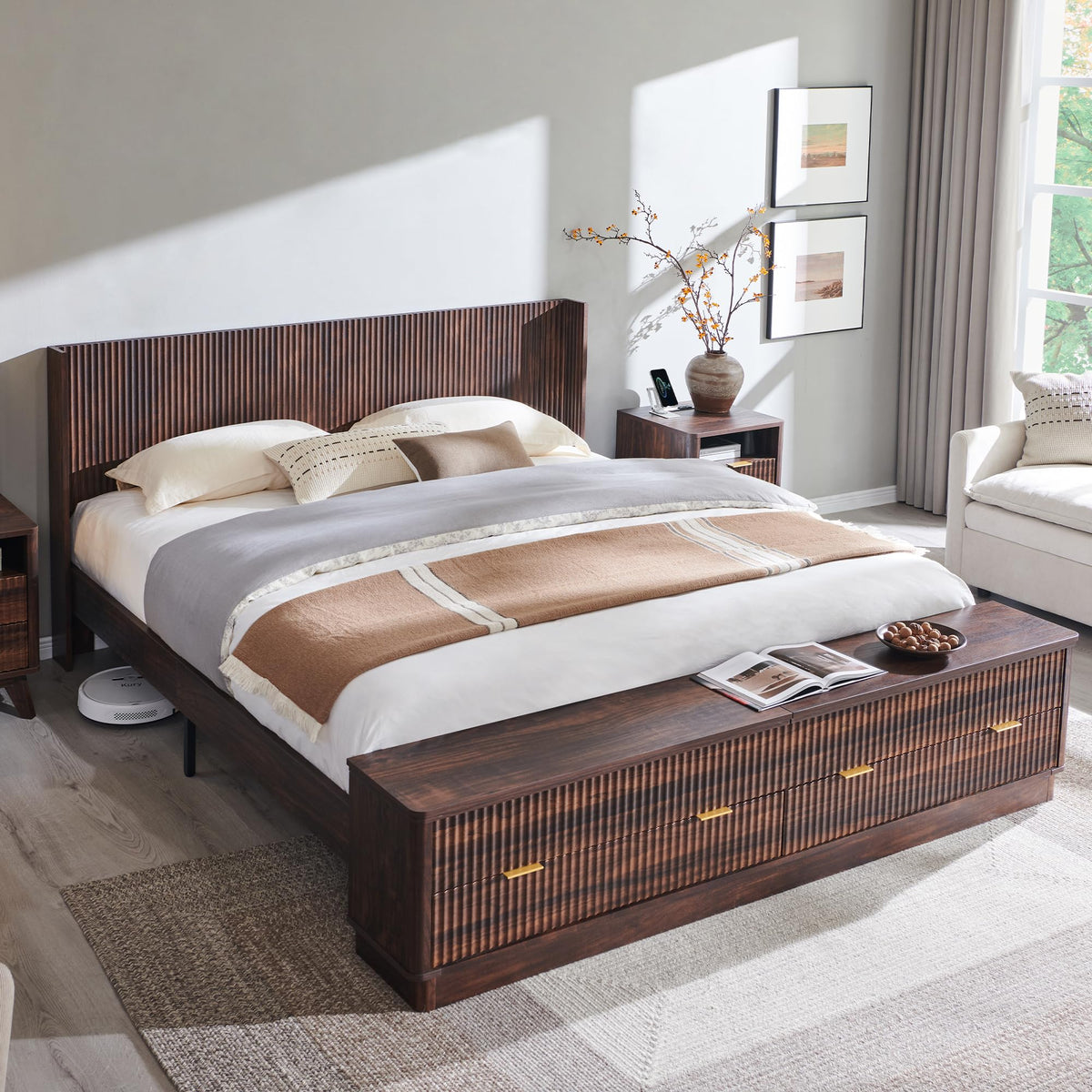 Fluted Platform Bed – Wingback Headboard & Storage